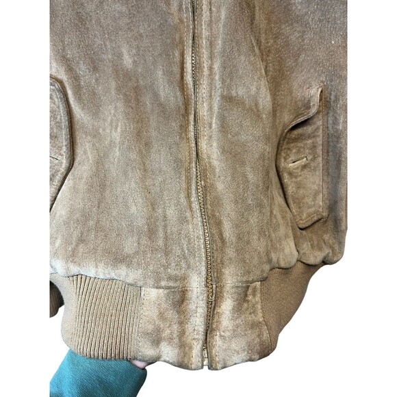 Men's Vintage Crew Tan Pig Suede Leather Plaid Lined Bomber Jacket Size 46 - Picture 6 of 16
